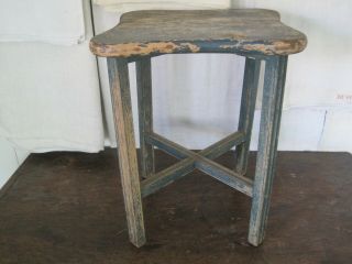 Old Vintage Primitive Blue Green Paint Wood Stool American Country Find 5