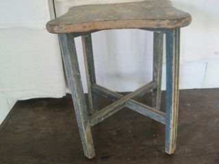 Old Vintage Primitive Blue Green Paint Wood Stool American Country Find 6