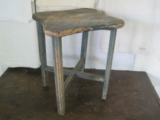 Old Vintage Primitive Blue Green Paint Wood Stool American Country Find 7