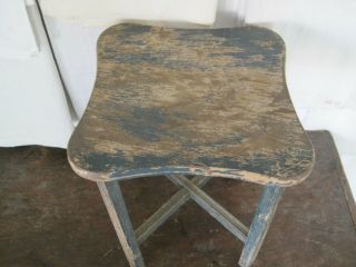 Old Vintage Primitive Blue Green Paint Wood Stool American Country Find 8