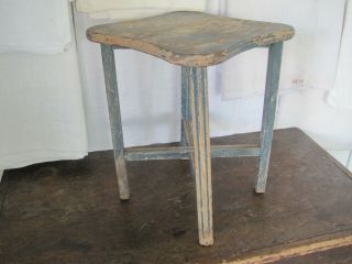 Old Vintage Primitive Blue Green Paint Wood Stool American Country Find 9