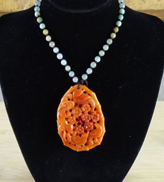 Certified Red Jade Pendant Flower Bird Type A Jadeite Bead Necklace 喜上眉梢 P - 376 - 1