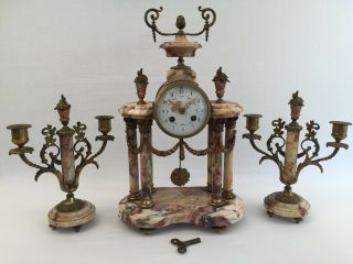 Antique French Marble Bronze Cage Mantel Clock Pendulum Candlestick Candelabra