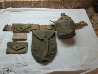 Us Ww2 - - Web Belt - - Canteen With Liner & Cup (2) First Aid Pouch & Shovel Case