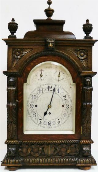 Antique English Highly Carved Oak Triple Fusee Musical 8/4 Bell Bracket Clock