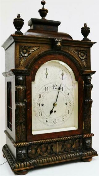 Antique English Highly Carved Oak Triple Fusee Musical 8/4 Bell Bracket Clock 2
