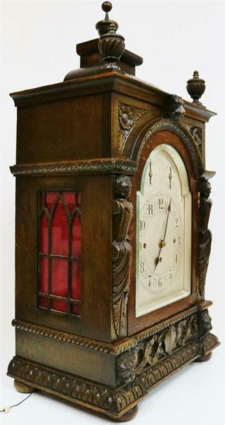 Antique English Highly Carved Oak Triple Fusee Musical 8/4 Bell Bracket Clock 3