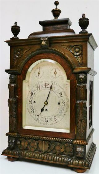 Antique English Highly Carved Oak Triple Fusee Musical 8/4 Bell Bracket Clock 4