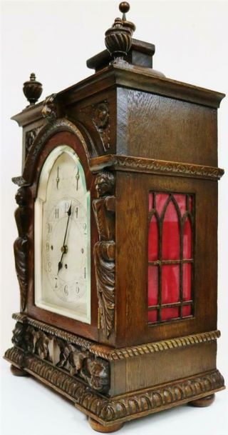 Antique English Highly Carved Oak Triple Fusee Musical 8/4 Bell Bracket Clock 5