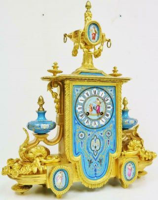 Stunning Antique French 8 Day Bronze Ormolu & Blue Sevres Porcelain Mantle Clock 2