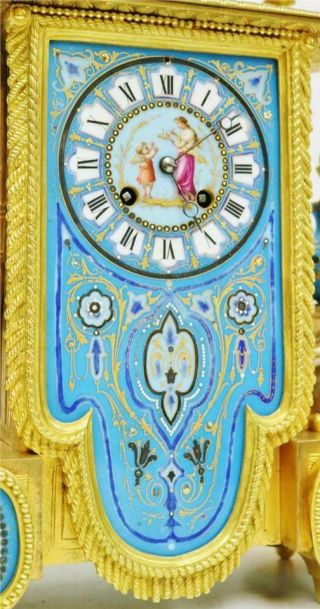 Stunning Antique French 8 Day Bronze Ormolu & Blue Sevres Porcelain Mantle Clock 3