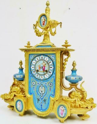 Stunning Antique French 8 Day Bronze Ormolu & Blue Sevres Porcelain Mantle Clock 6