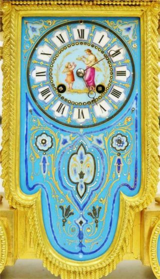Stunning Antique French 8 Day Bronze Ormolu & Blue Sevres Porcelain Mantle Clock 8