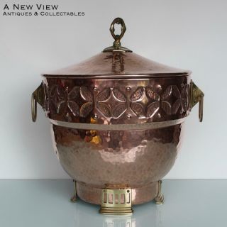 Arts & Crafts Art Nouveau Hammered Brass Copper Large Bucket Bowl.