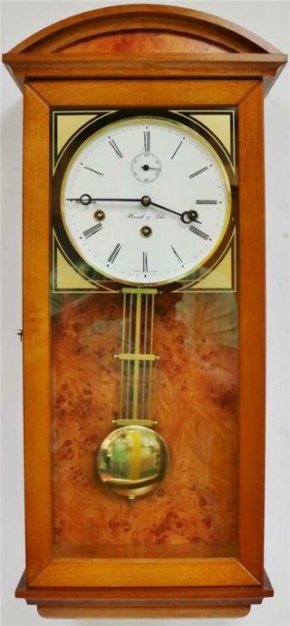 Vintage Walnut & Birds Eye Maple Hemle & Sohn Triple Train Musical Wall Clock