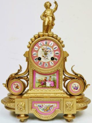 Antique French 8 Day Gilt Metal & Pink Sevres Porcelain Mantle Clock