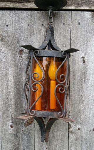 Vintage Black Wrought Iron Spanish Exterior Porch Ceiling Light Lamp Amber Glass