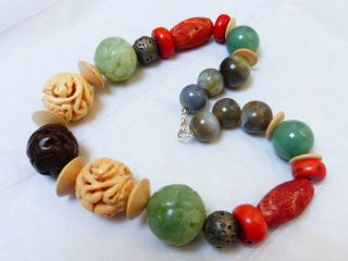 Chinese Vintage Carved Jade,  Coral,  Agate Sterling Silver Beads Necklace,  186g