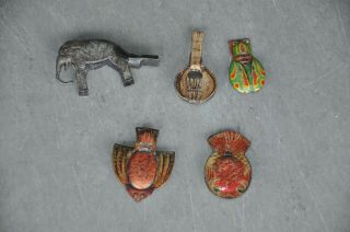 5 Pc Vintage Different Shapes & Size Litho Print Whistle Tin Toy,  Japan