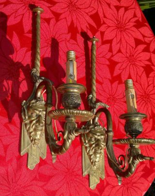 Antique French Gilt Bronze Devil - Faun - Satyr Mask Wall Sconces - Gas Lights