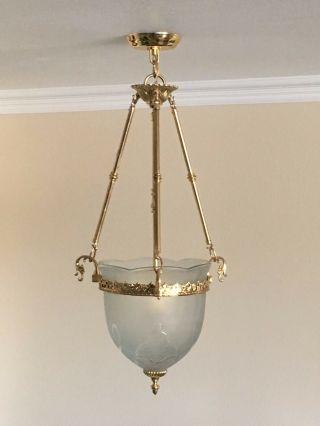 Vtg Gold Art Deco Chandelier Large Pendant Ceiling Light Fixture W/etched Shade