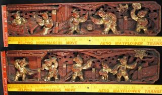 Chinese Red & Gilt Wood Pierced Carving Panels 2 Long ones with People / Dancers 10