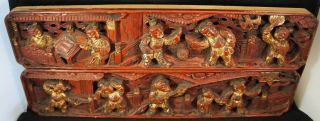 Chinese Red & Gilt Wood Pierced Carving Panels 2 Long ones with People / Dancers 11