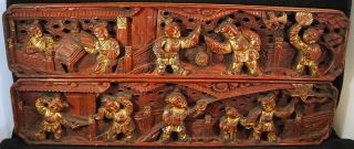 Chinese Red & Gilt Wood Pierced Carving Panels 2 Long Ones With People / Dancers
