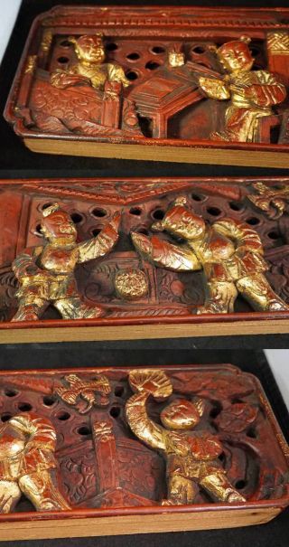 Chinese Red & Gilt Wood Pierced Carving Panels 2 Long ones with People / Dancers 5