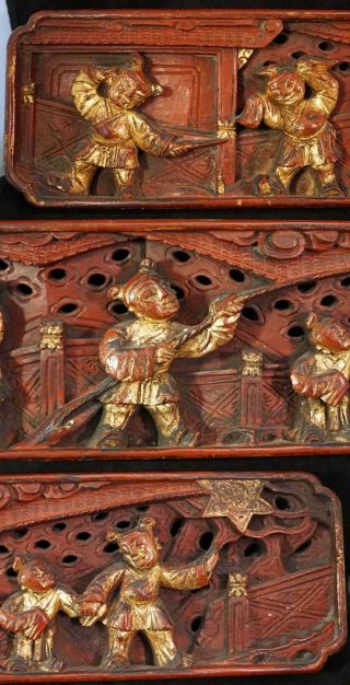 Chinese Red & Gilt Wood Pierced Carving Panels 2 Long ones with People / Dancers 7