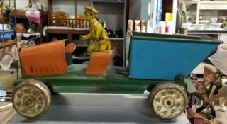 Vintage Very Early Model J.  Chein Tin Dump Truck With Driver