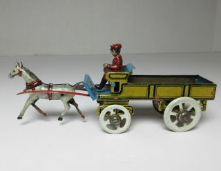 Antique German Tin Litho Penny Toy Horse Drawn Wagon Man