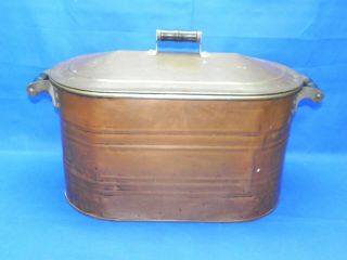 Vintage Heavy Gauge Copper Boiler Wash Tub W/ Wood Handles & Galvanized Lid