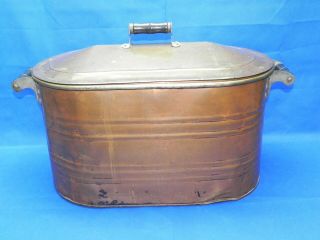 Vintage Heavy Gauge Copper Boiler Wash Tub w/ Wood Handles & Galvanized Lid 2