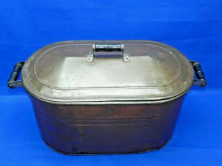 Vintage Heavy Gauge Copper Boiler Wash Tub w/ Wood Handles & Galvanized Lid 3