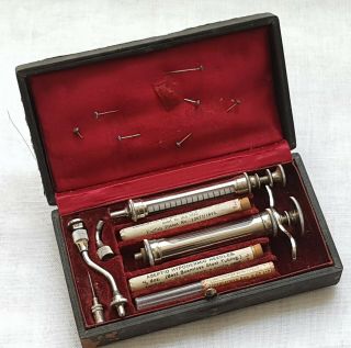 Victorian Velvet Lined Cased Medical Injection Set Two Glass Syringes & Needles