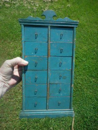Antique Blue Painted Pine 12 Drawer Spice Chest 12