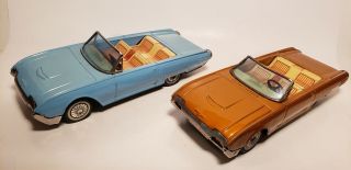 2 Old Tin Cars - 8in - Japan - Sing Of B Quality - Litho - Friction - Ford Thunderbird - Nr