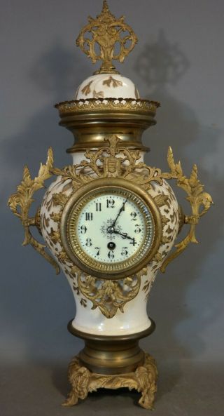 19thc Antique French Victorian Urn Style Porcelain & Ormolu Old Mantel Clock