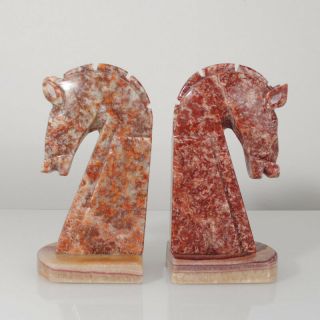 Vintage Carved Red Marble Horse Shaped Bookends Mid Century Modern