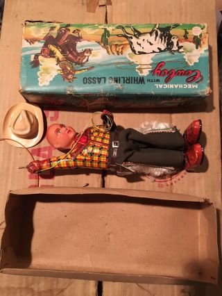 Vintage 1950’s Tin Cowboy Whirling Lasso - Celluloid Windup Boxed