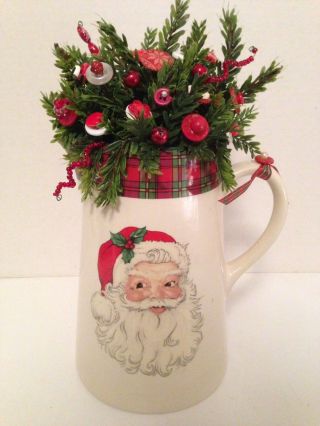 Vtg Christmas Button Bouquet/santa Pitcher - Country - Rustic - Prim - Shabby Chic -