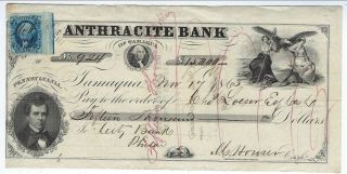 1865 Illustrated Check,  Anthracite Bank,  Tamaqua,  Pennsylvania ($15,  000.  00)