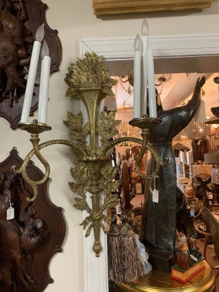 Pair Large Antique French Neo Classical Brass 2 - Arm Wall Sconces