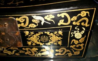 ANTIQUE CHINESE LACQUERED OPIUM PILLOW CHEST PAPER MACHE LINING & REMOVABLE TRAY 3
