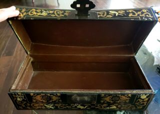 ANTIQUE CHINESE LACQUERED OPIUM PILLOW CHEST PAPER MACHE LINING & REMOVABLE TRAY 6