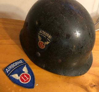 Vintage World War 2 Airborne 11 Helmet And Patch And Shirt With Another Airborne