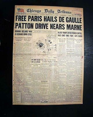 Liberation Of Paris France & George S.  Patton World War Ii 1944 Wwii Newspaper