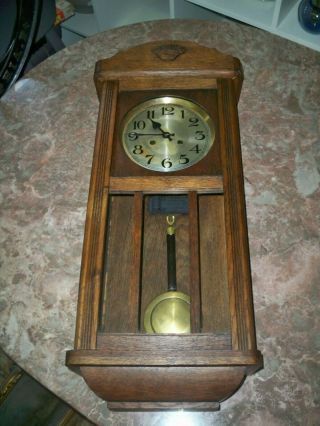 Antique German Oak Wall Clock Arts & Crafts Style Finish Runs 100