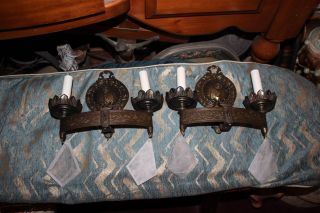Antique Victorian Gothic Double Arm Wall Sconce Light Fixture - Pair - Large Crystal